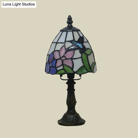 Mediterranean Beige/Pink Glass Bowl Night Lamp - Hand-Cut With Floral/Peacock Tail Patterns Table
