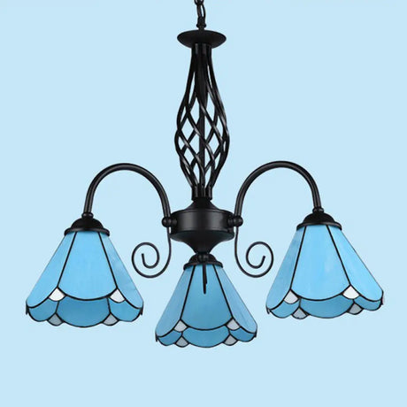 Mediterranean Blue Glass Floral Chandelier Light - Elegant Ceiling Lamp For Living Room 3 / Down