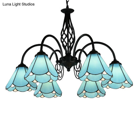 Mediterranean Blue Glass Floral Chandelier Light - Elegant Ceiling Lamp For Living Room