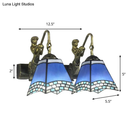 Mediterranean Blue Glass Wall Sconce Light With 2 Heads - Perfect For Bedroom Decor