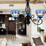 Mediterranean Bowl Pendant Light: Curved Arm Blue Glass 3 Lights - Foyer Chandelier