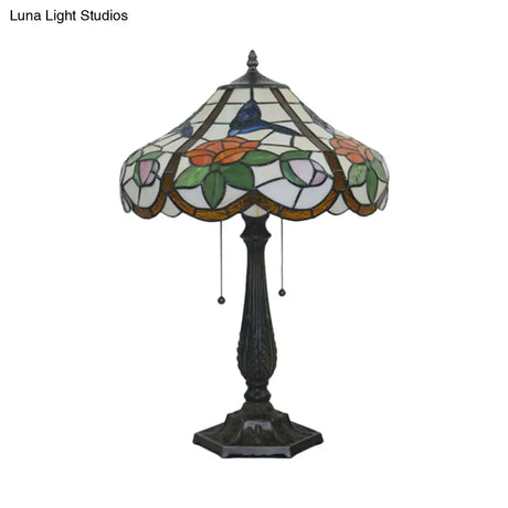 Mediterranean Bronze Petal Pattern Table Lamp With Pull Chain - 2 Bulb Bedroom Lighting