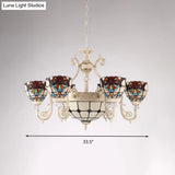 Mediterranean Cream 6-Light Ceiling Chandelier With Stained Glass Shade For Living Room