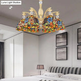 Mediterranean Floral Chandelier Lighting - 6/9/11 Lights Stained Glass Pendant Light Kit (Orange)