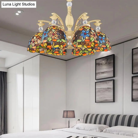 Mediterranean Floral Chandelier Lighting - 6/9/11 Lights Stained Glass Pendant Light Kit (Orange)