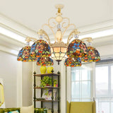 Mediterranean Floral Chandelier Lighting - 6/9/11 Lights Stained Glass Pendant Light Kit (Orange) 9 / Orange