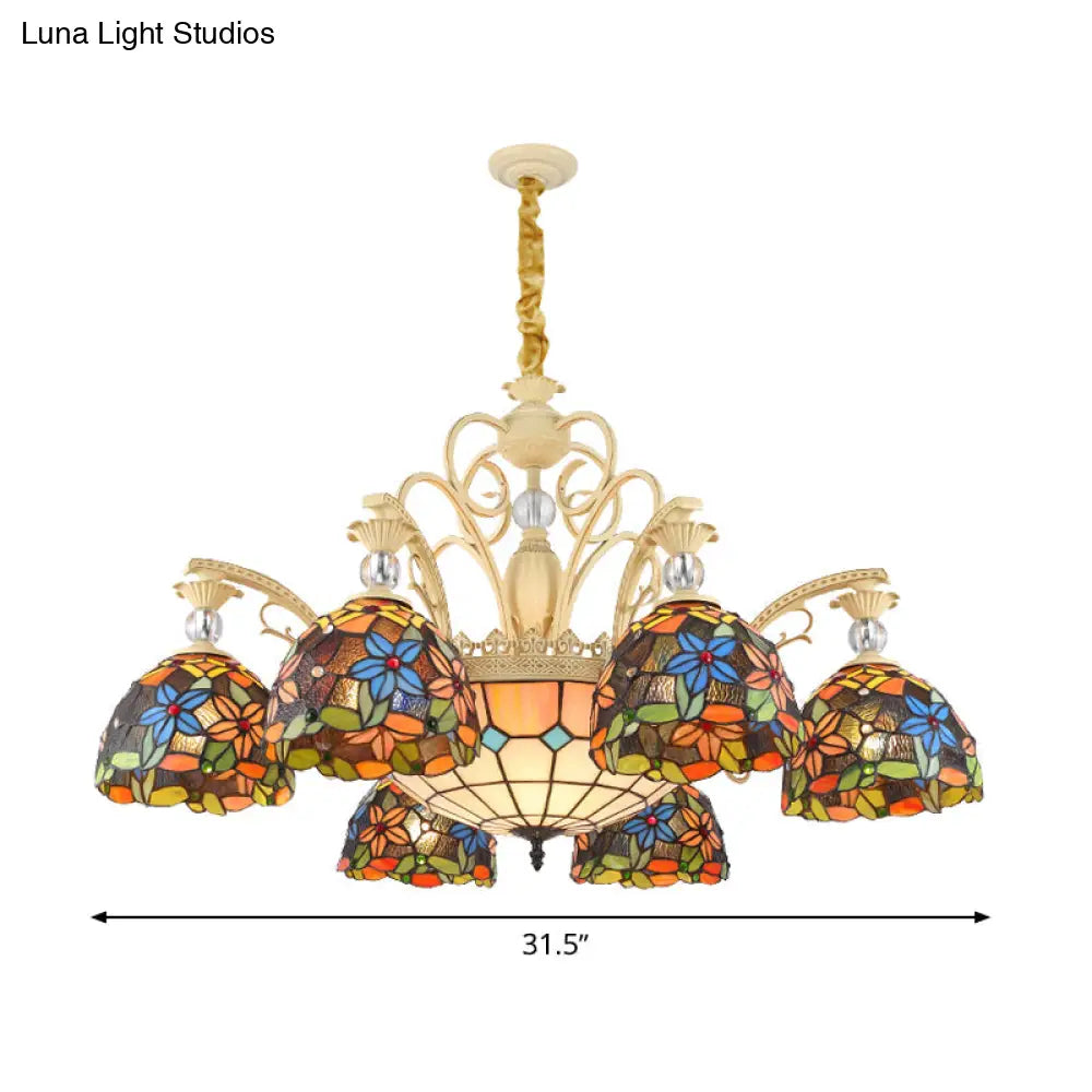 Mediterranean Floral Chandelier Lighting - 6/9/11 Lights Stained Glass Pendant Light Kit (Orange)