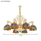 Mediterranean Floral Chandelier Lighting - 6/9/11 Lights Stained Glass Pendant Light Kit (Orange)