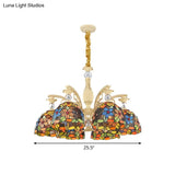Mediterranean Floral Chandelier Lighting - 6/9/11 Lights Stained Glass Pendant Light Kit (Orange)