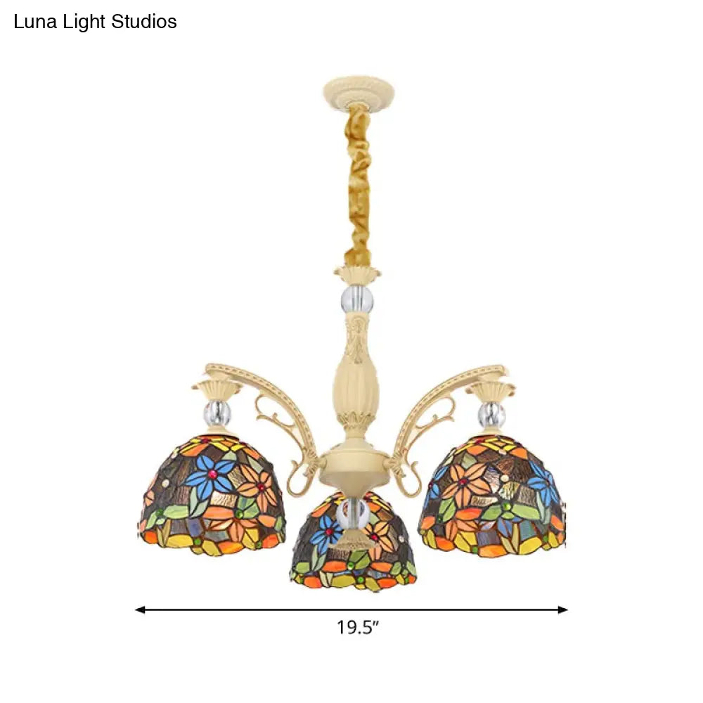 Mediterranean Floral Chandelier Lighting - 6/9/11 Lights Stained Glass Pendant Light Kit (Orange)