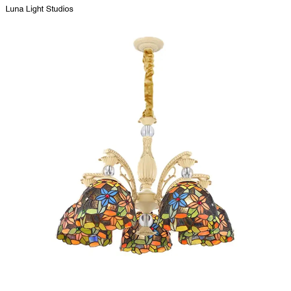 Mediterranean Floral Chandelier Lighting - 6/9/11 Lights Stained Glass Pendant Light Kit (Orange)