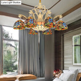 Mediterranean Floral Chandelier Lighting - 6/9/11 Lights Stained Glass Pendant Light Kit (Orange)