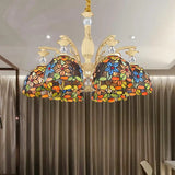 Mediterranean Floral Chandelier Lighting - 6/9/11 Lights Stained Glass Pendant Light Kit (Orange) 6 / Orange