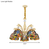 Mediterranean Floral Chandelier Lighting - 6/9/11 Lights Stained Glass Pendant Light Kit (Orange)