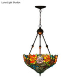 Mediterranean Floral Stained Art Glass Chandelier Pendant Light With 3 Hanging Lamps In