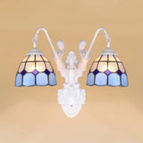 Mediterranean Glass Sconce Light - Grid Pattern Dual Head Design Blue & White Wall-Mounted