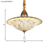 Mediterranean Led Bowl Chandelier - White Cut Glass Suspension Pendant With Crystal Droplet