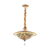 Mediterranean Led Bowl Chandelier - White Cut Glass Suspension Pendant With Crystal Droplet / E