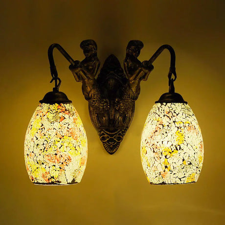 Mediterranean Mermaid Wall Lamp - Hand Cut Glass 2 Lights White/Red/Yellow Sconce Fixture