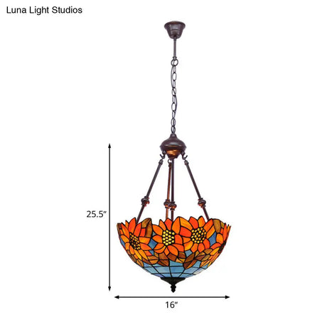 Mediterranean Red/Yellow/Orange Flower Stained Glass Kitchen Chandelier - 2-Light Ceiling Fixture