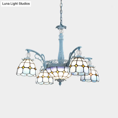 Mediterranean Stained Glass Bell Chandelier - Blue Hanging Lamp With 4/6/8 Lights For Dining Room