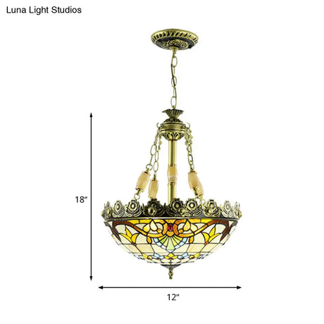 Mediterranean Stained Glass Chandelier - 3/4 Lights Yellow/Blue 12’/16’ W Kitchen Hanging Light Kit