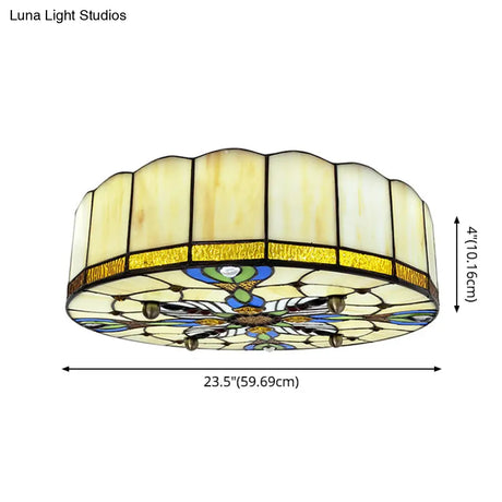 Mediterranean Stained Glass Drum Ceiling Mount Light For Bedroom