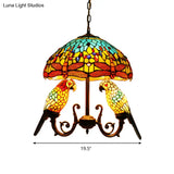 Mediterranean Stained Glass Pendant Chandelier With Parrot Deco In Yellow