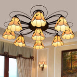 Mediterranean Stained Glass Semi - Flush Mount Light Fixture With Yellow/Blue Cone Design (3/7/9