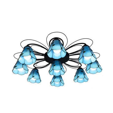 Mediterranean Stained Glass Semi - Flush Mount Light Fixture With Yellow/Blue Cone Design (3/7/9