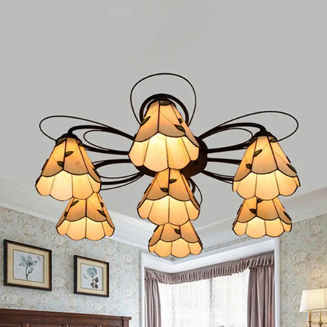 Mediterranean Stained Glass Semi - Flush Mount Light Fixture With Yellow/Blue Cone Design (3/7/9