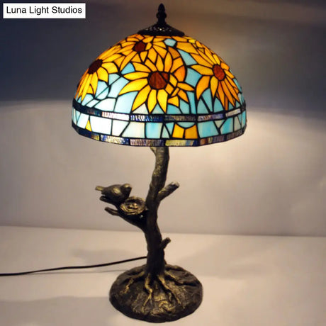 Mediterranean Stained Glass Table Lamp: Sunflower Design Antique Brass 1 Light