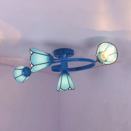 Mediterranean Style Blue Twig Half Ceiling Lamp With Colorful Glass And Radial Design - 4 Heads
