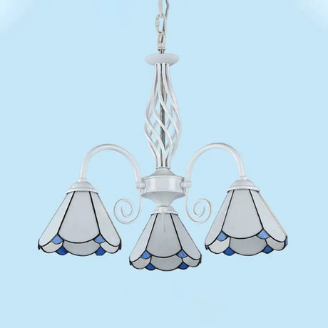 Mediterranean Style White Living Room Chandelier With Scalloped Glass Shade 3 / Down