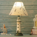 Mediterranean Tapered Night Light Fabric Table Lamp With Nautical Design And Lighthouse Base Blue /