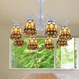 Mediterranean White Stained Glass Semi Flush Ceiling Mount Light - 6/8-Light Bell Design For Living