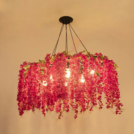 Metal Art Deco Chandelier With Artificial Flower Design For Dining Room Ceiling Lighting Pink