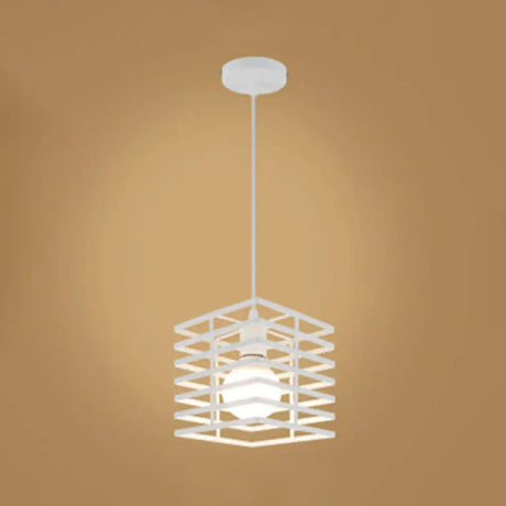 Metal Cage Pendant Light Retro Style Black/White Hanging Lamp For Restaurant Ceiling White