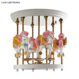 Metal Carousel Semi Flush Cartoon Mount Lighting Fixture For Children’s Room - 4-Bulb