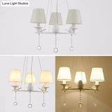 Metal Chandelier With Crystal Accents - Elegant White Bucket Shade Hanging Lamp For Living Room