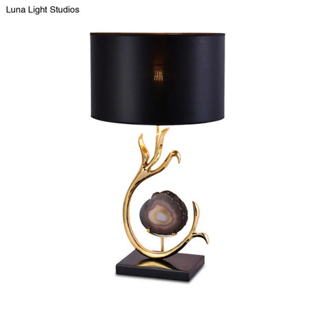 Metal Desk Lamp With Agate Accent - Modern Gold Finish And Black Fabric Shade
