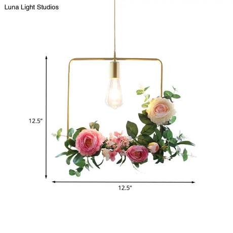 Metal Gold Ceiling Pendant With Artificial Flower: Industrial Hanging Light Fixture Frame Options