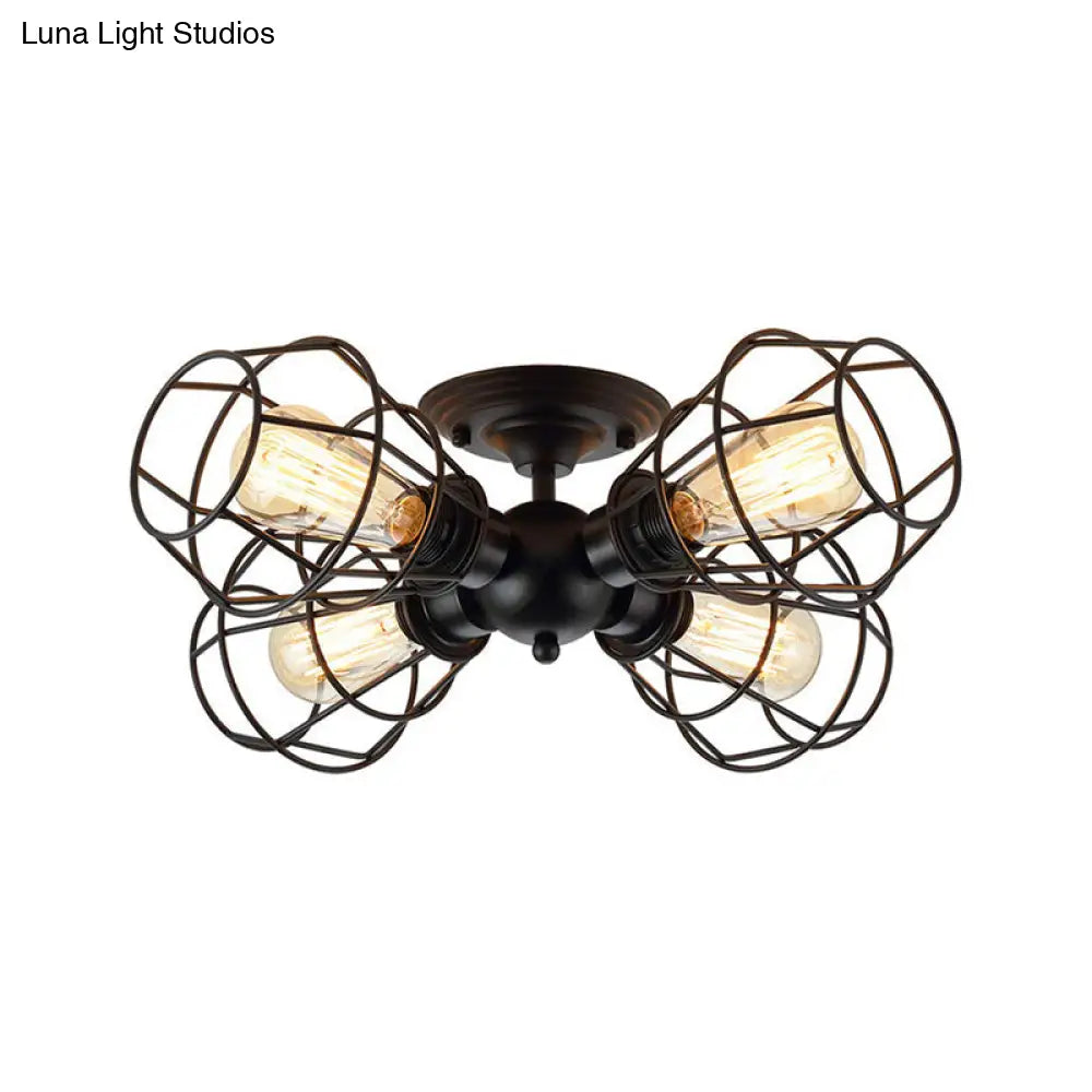 Metal Industrial Pendant Light With Cage Shade - Semi Flush Mount For Living Room (4 Heads Black)