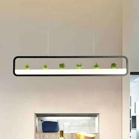 Metal Led Hanging Light For Restaurants: Artistic Rectangle Island Lamp With Imitation Succulents