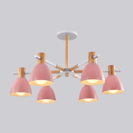 Metal Macaron Style Bell-Shaped Chandelier With Wood Accents: Stylish Ceiling Hang Light For Living