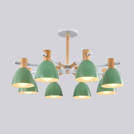 Metal Macaron Style Bell-Shaped Chandelier With Wood Accents: Stylish Ceiling Hang Light For Living