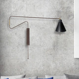 Metal Wall Lamp With Long Curved Arm & Rotatable Cone Shade - Antique Coffee/Black/Gold Finish Ideal