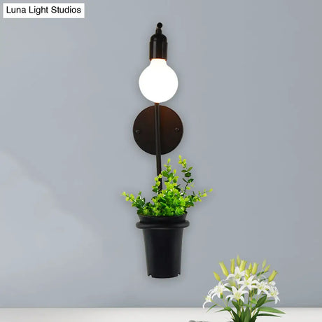 Metal Wall Sconce With Lodge Style Pot Decoration | 1-Light Black Exposed Bulb Restaurant Lighting