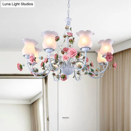 Metal White Chandelier With Curvy Arms - Pastoral Rose Down Lighting For Bedroom (3/5/6 Bulbs)