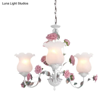 Metal White Chandelier With Curvy Arms - Pastoral Rose Down Lighting For Bedroom (3/5/6 Bulbs)